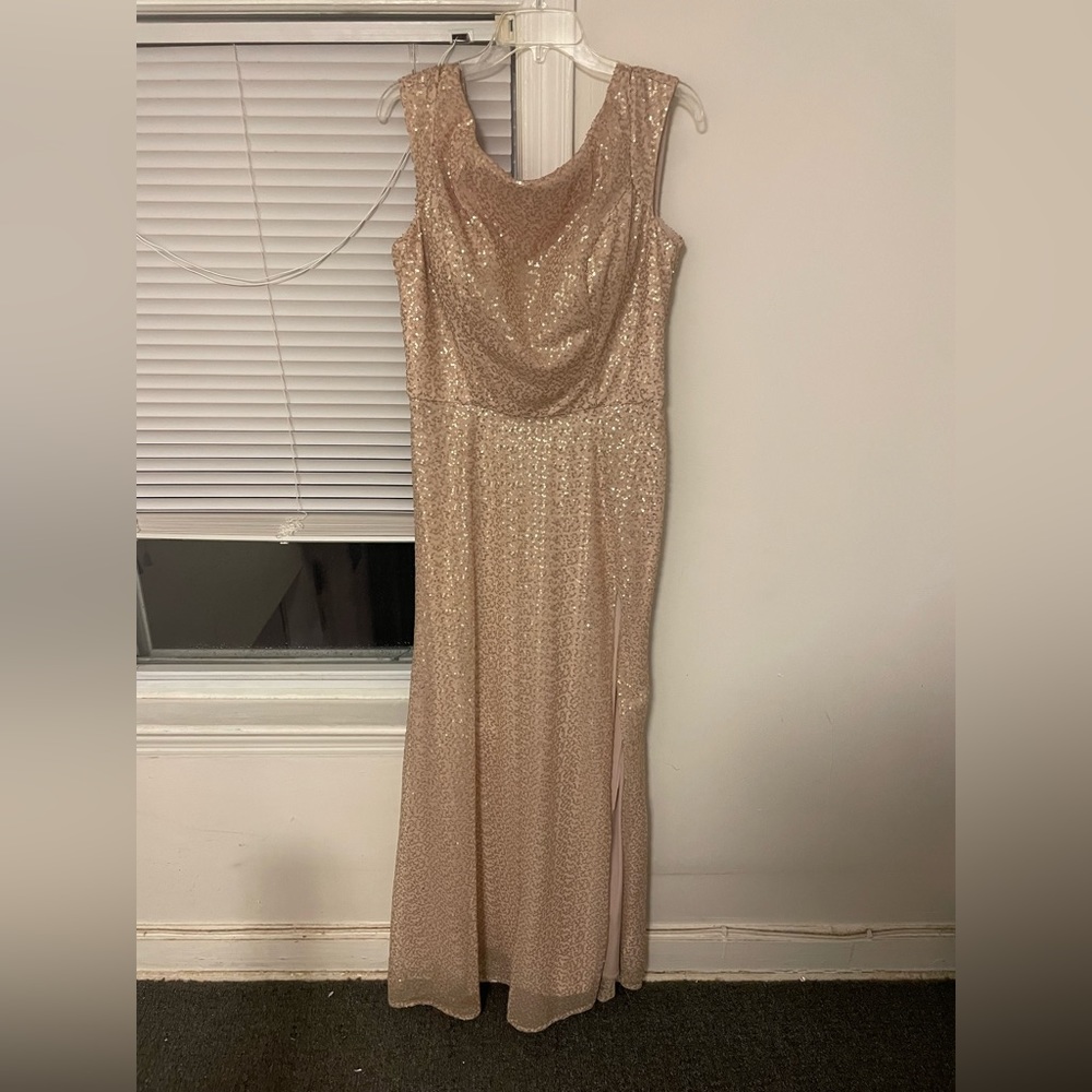 Mori Lee gold sequin bridesmaid dress